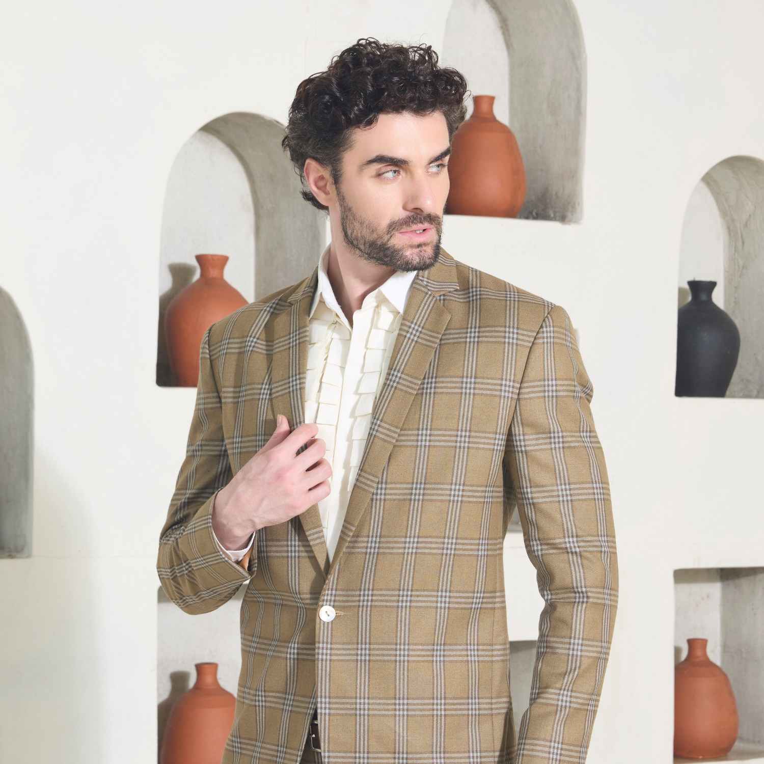 Walnut brown chequered suit teamed up with off white Vintage shirt. - Image 2