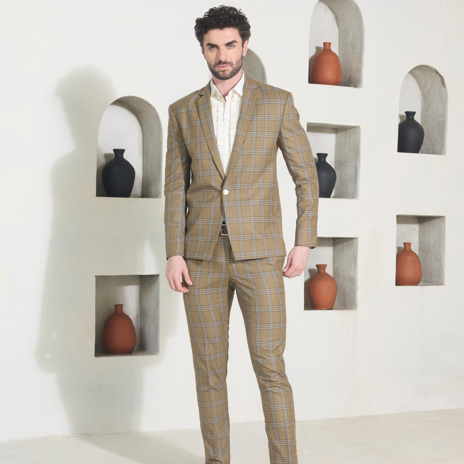 Walnut brown chequered suit teamed up with off white Vintage shirt.