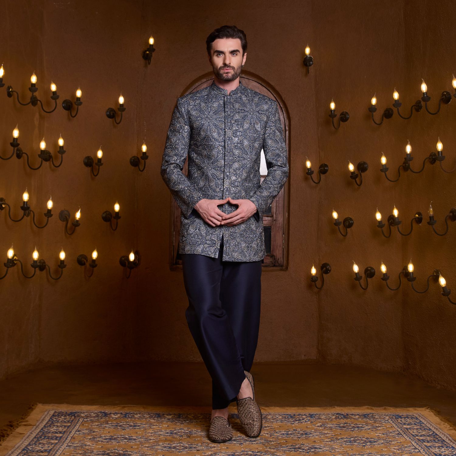 Full hand embroidered midnight blue short Bandhgala paired with coordinated trouser. - Image 2
