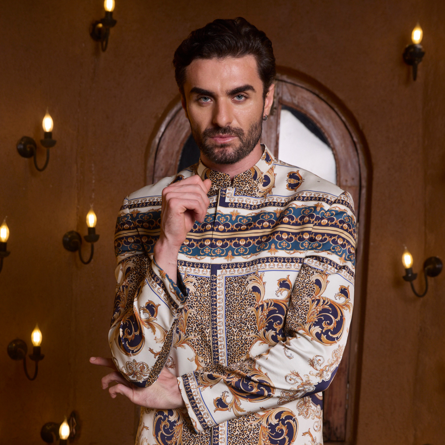 Off white Vintage printed Jodhpuri paired with midnight blue flaired trouser. - Image 2