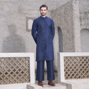 Midnight blue full hand pleated Kurta teamed up with matching flaired trouser.