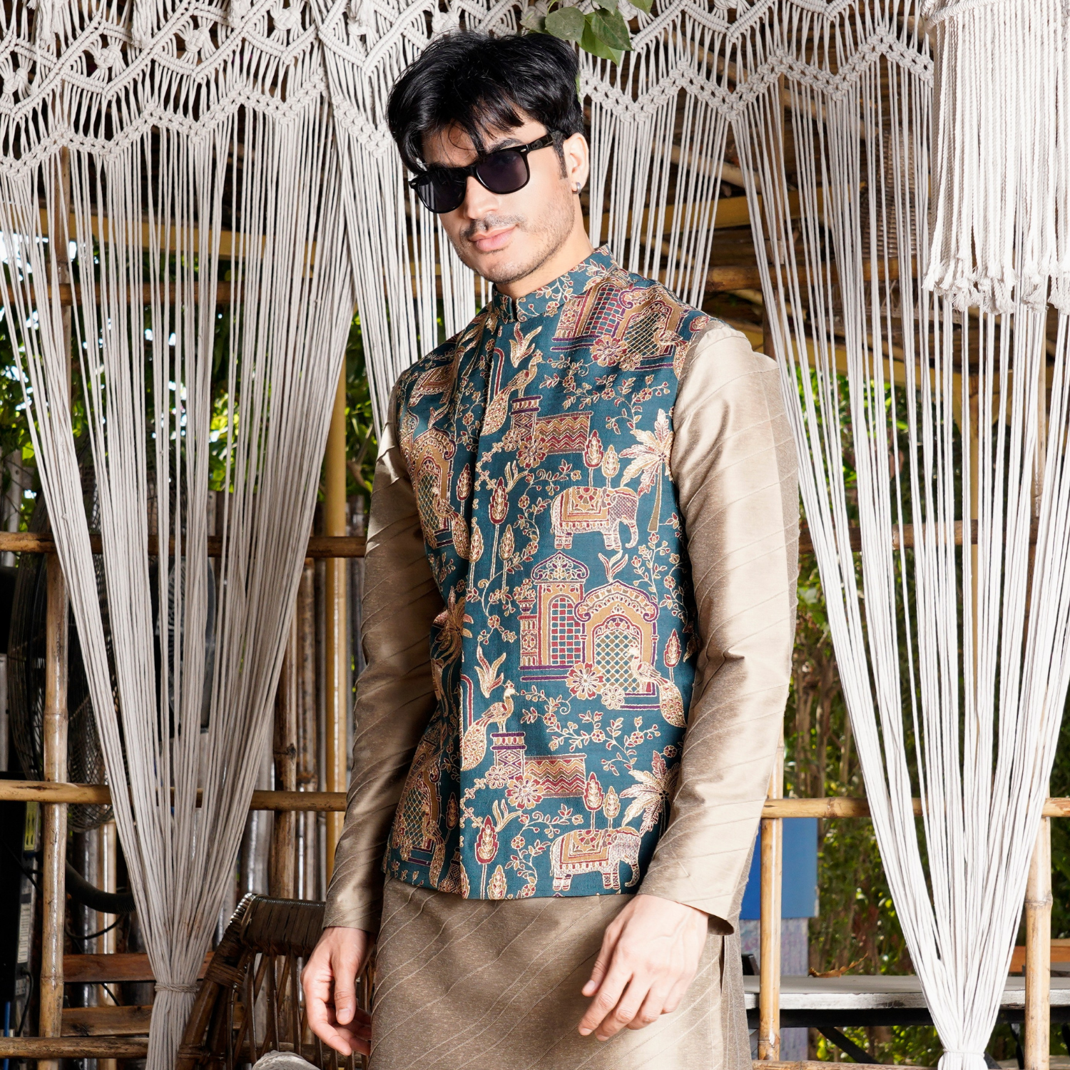 Printed peacock teal jacket paired with copper hand pintucked kurta. Matching flared trouser for bottom. - Image 2
