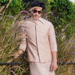 Old rose drizzle effect intersecting line jacket. Paired with old rose Hopsack embroidered kurta. Matching trouser for bottom.