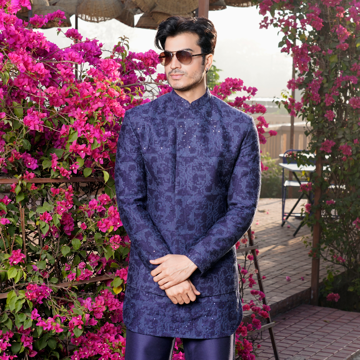 Midnight blue Milange embroidered Jodhpuri jacket with sequins detailing. Paired with matching embroidered short kurta. Matching flared trouser for bottom. - Image 2