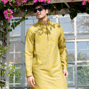 Glucamole Milange embroidered kurta with sequins detailing. Paired with coordinated flared copper trouser.