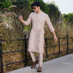 Old rose Hopsack embroidered kurta. Paired with matching trouser.