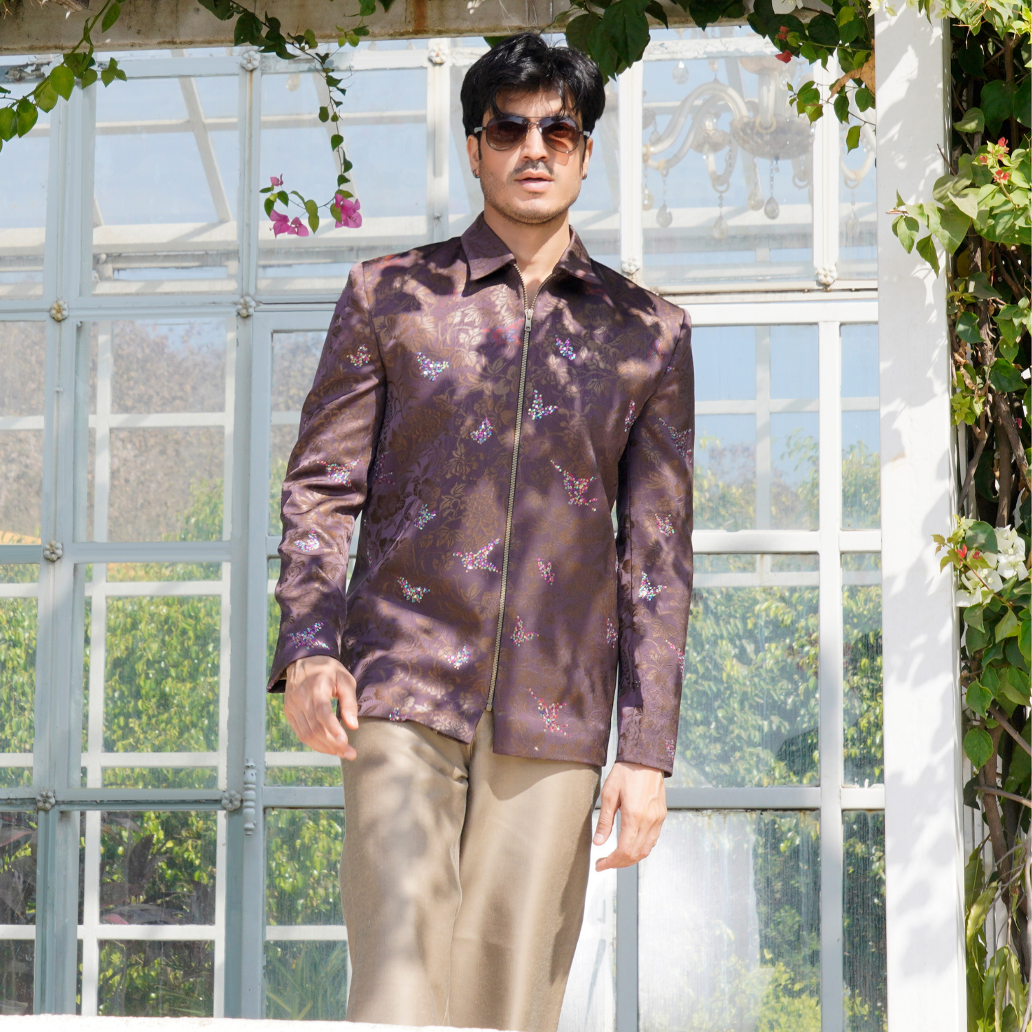 Printed shirt with zip opening. Paired with coordinated flared copper trouser.