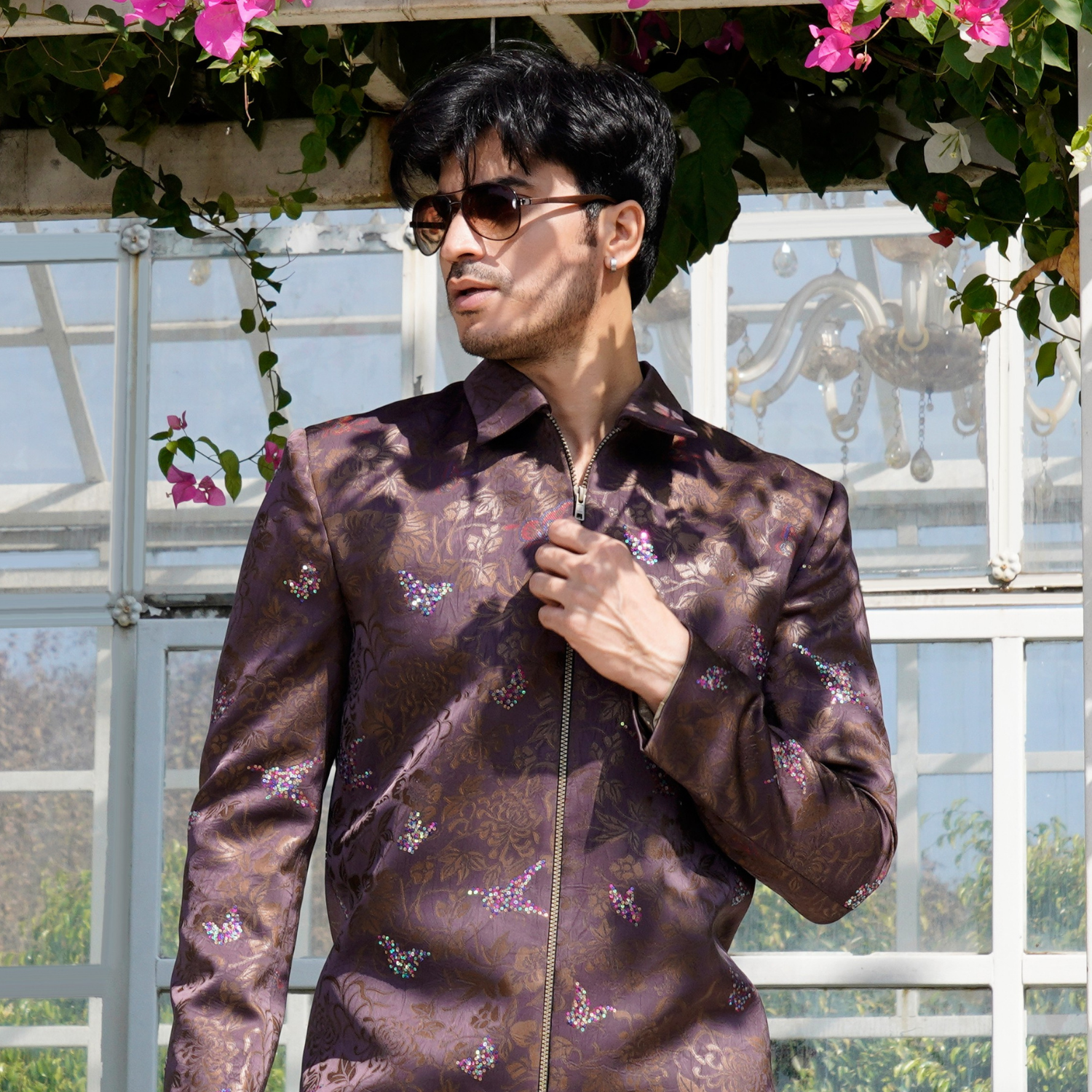 Printed shirt with zip opening. Paired with coordinated flared copper trouser. - Image 2